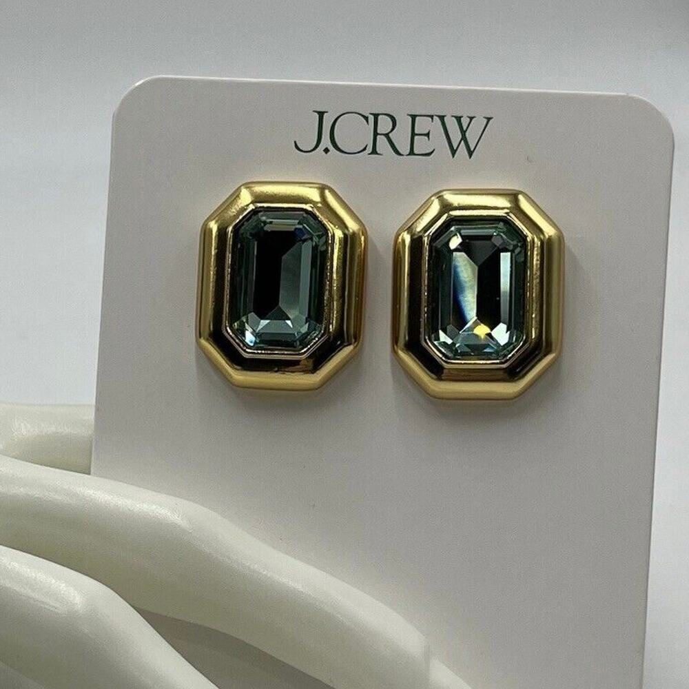 J. Crew Green Faceted Crystal Bling Stone Gold Stud Jewel box Earrings‎ NWT NEW